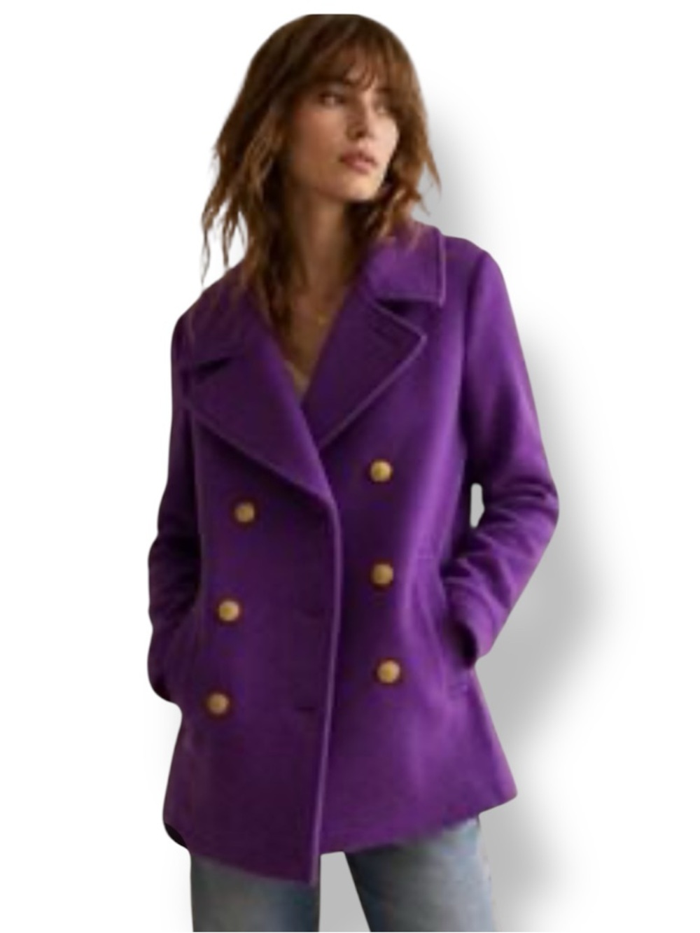 J.Crew Italian Stadium-Cloth Wool Majesty Pea Coat Purple Gold Crest Buttons 12